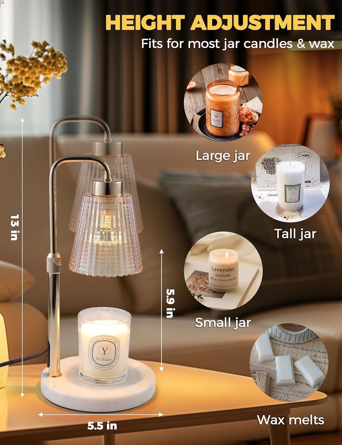 Silver Gray Candle Warmer Lamp with 24h Cycle Timer, Dimmable Wax Warmer