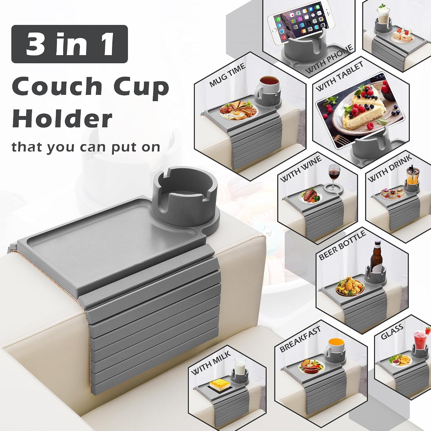 GHKINMAL Couch Cup Holder Tray, 3 in 1 Couch Arm Trays,Large Bamboo Chair Arm Rest Tray with 360° Cup Holder,Removable Anti-Slip Organizer for Snack Eating
