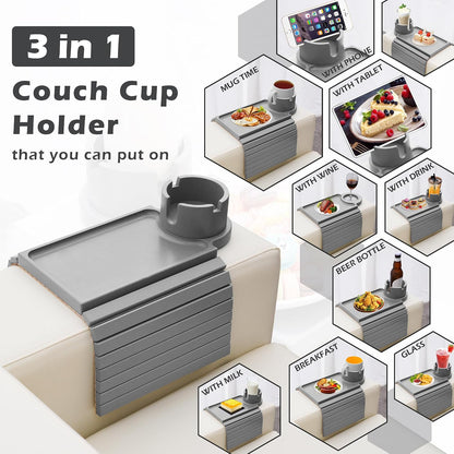 GHKINMAL Couch Cup Holder Tray, 3 in 1 Couch Arm Trays,Large Bamboo Chair Arm Rest Tray with 360° Cup Holder,Removable Anti-Slip Organizer for Snack Eating