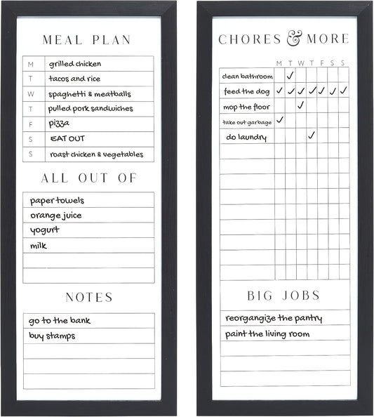 Sheffield Home Set of Two Family Planner Dry Erase Boards Featuring, Chore Chart, Shopping List, Weekly Meal Planner and Notes, 9x21 Inch, Natural