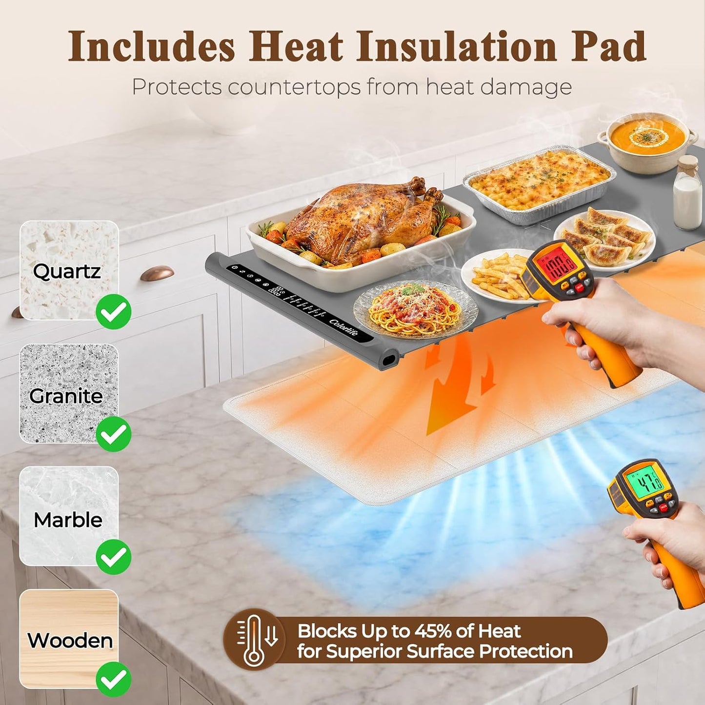 Warming Mat for Food, Electric Warming Tray with Heat-Resistant Pad-L Grey | Colorlife 6 Preset Modes, 7 Temps, 6H Timer, Child Lock, Auto-Memory, Rollable Silicone Food Warmer for Buffet, Parties