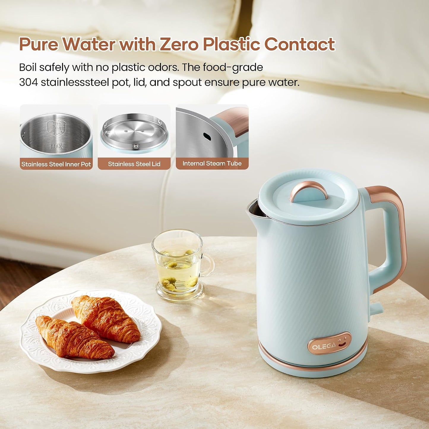 OLEGA Electric Tea Kettle: 1200W Fast Boil Electric Water Kettles 1.5L | Stainless Steel Kettle; Large Electric Water Kettle; Plastic Free Teapot; Auto Shut-Off Water Boiler; Fast Boil Kettles