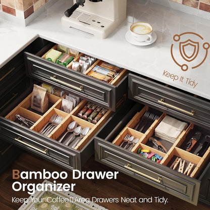 Bamboo Drawer Dividers 8 Pack with Inserts, Kitchen Adjustable Drawer Organizers for Home, Bedroom, Dresser, Expandable Organization 8 Dividers with 16 Inserts