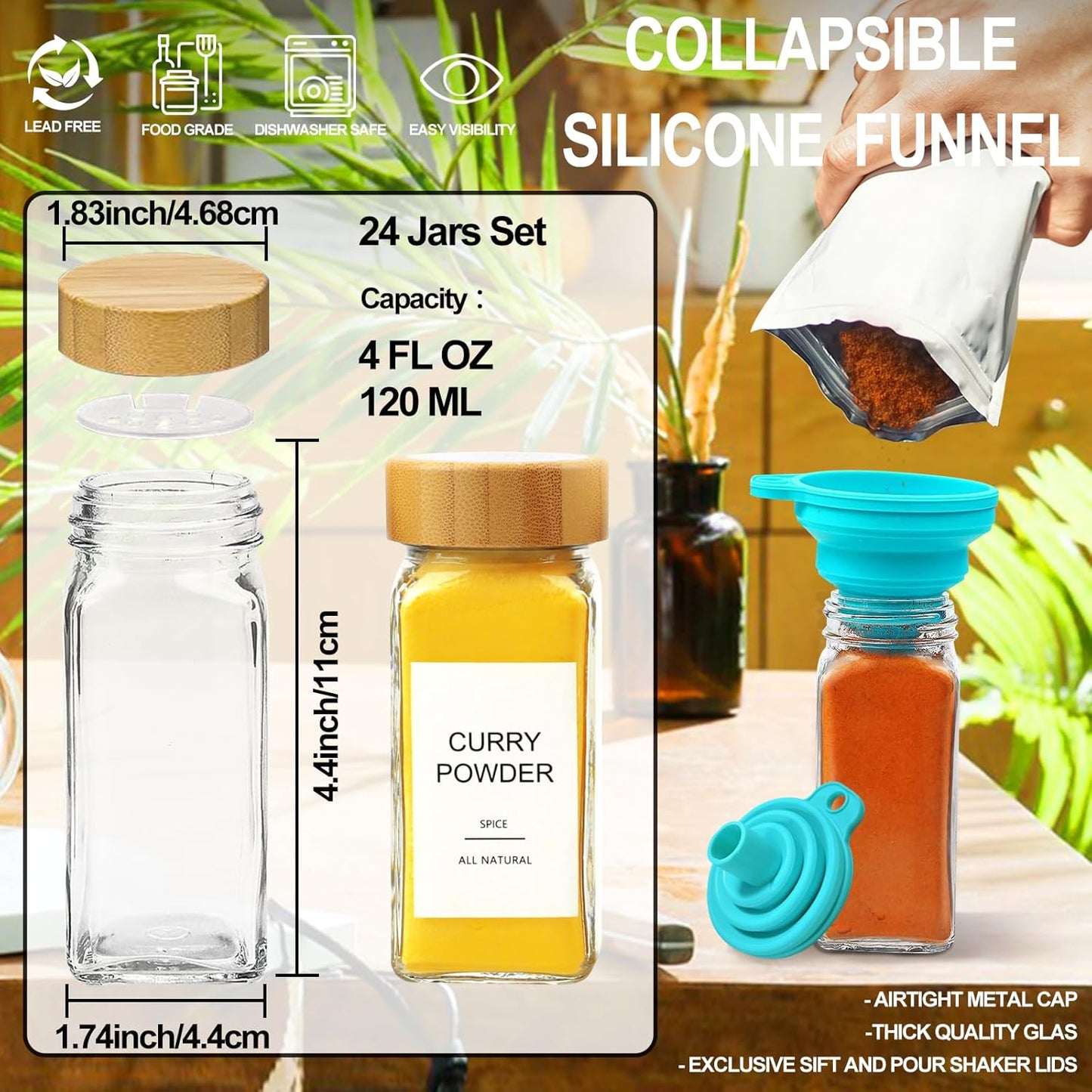 Glass Spice Jars with Bamboo Lid & 398 Label for Cabinet & Drawer Organizer | 24 pcs 4 fl oz Square Spice Bottles With Shaker Lids,Airtight Spice Containers Keep Fresh,Seasoning Containers Organization