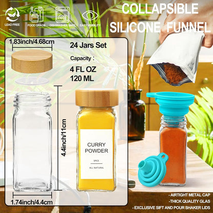 Glass Spice Jars with Bamboo Lid & 398 Label for Cabinet & Drawer Organizer | 24 pcs 4 fl oz Square Spice Bottles With Shaker Lids,Airtight Spice Containers Keep Fresh,Seasoning Containers Organization