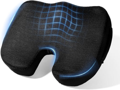 Memory Foam Seat Cushion for Office Chair & Car - Ergonomic Tailbone & Sciatica Pain Relief Pad - Non-Slip Desk Chair Cushion for Long Sitting, Breathable Mesh Pad for Posture Support (Black)