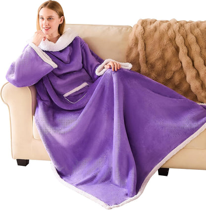 IFNOW Sherpa Wearable Blanket with Sleeves, Oversized Snuggle Robe, Purple | 430GSM Thick, 55x69", Big Pocket, TV Blanket,Fall Winter Dorm Essentials or Office, Christmas Birthday Gifts for Women Men