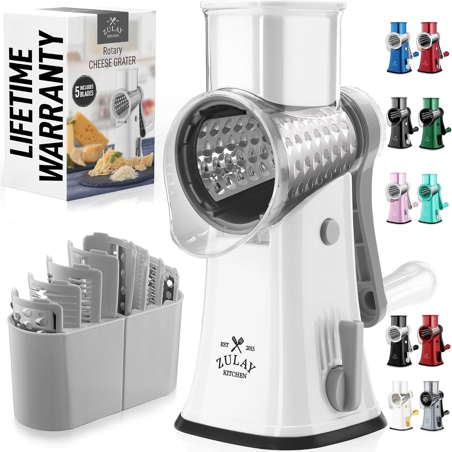 Zulay Kitchen Rotary Cheese Grater 5 Blade Cheese Shredder - Manual Hand Crank Cheese Grater With Reinforced Suction & 5 Interchangeable Drums - Easy to Use, Vegetable Chopper Round Mandoline Slicer - Colors B