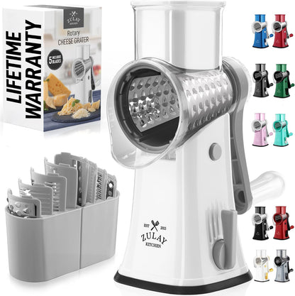 Zulay Kitchen Rotary Cheese Grater 5 Blade Cheese Shredder - Manual Hand Crank Cheese Grater With Reinforced Suction & 5 Interchangeable Drums - Easy to Use, Vegetable Chopper Round Mandoline Slicer - Colors B