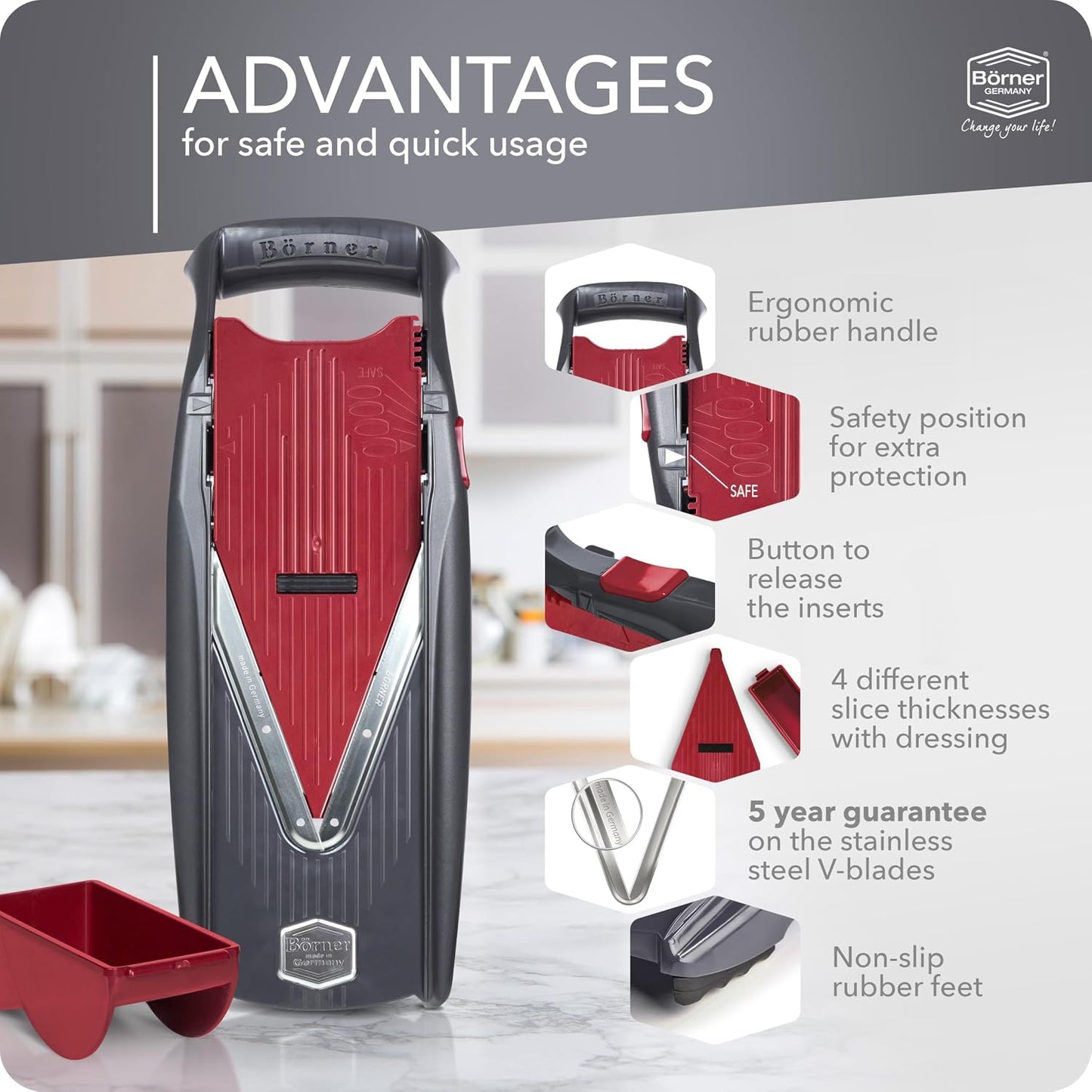 Börner by Reston Lloyd Mandoline Slicer Vital (Starter Set) • V-Slicer with 10 Cutting Styles & Safety Food Holder • Adjustable Kitchen Slicer & Dressing Function