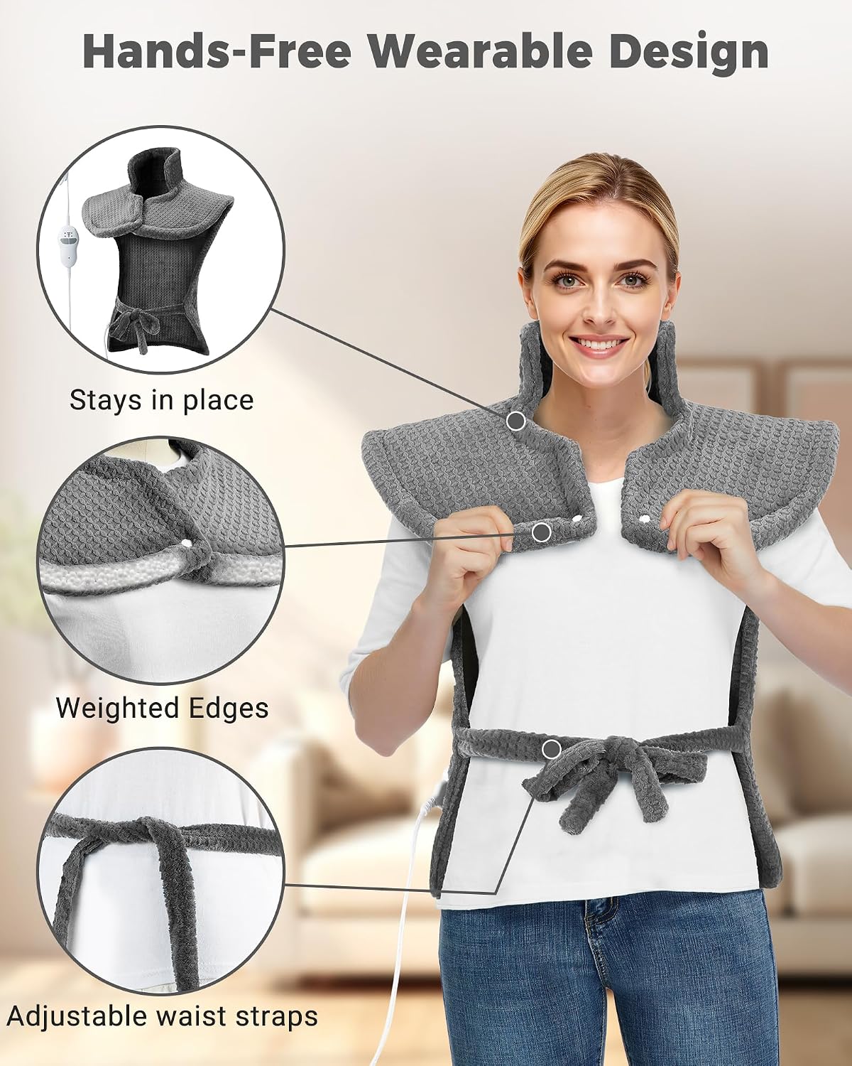 Wearable Vibrating Heating Pad for Neck, Shoulders & Back Pain Relief | 24" x 35" Full Back, 4 Massage Modes, 2 Heat Levels, Weighted Edge, Adjustable Straps, Auto Shut Off, Relaxation Gift