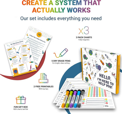 Oyster&Pop Black Chore Charts for Multiple Kids - 3 Pack Magnetic Dry Erase | Build responsibility, independence and routines - give kids and teens their own black magnetic board and weekly rewards