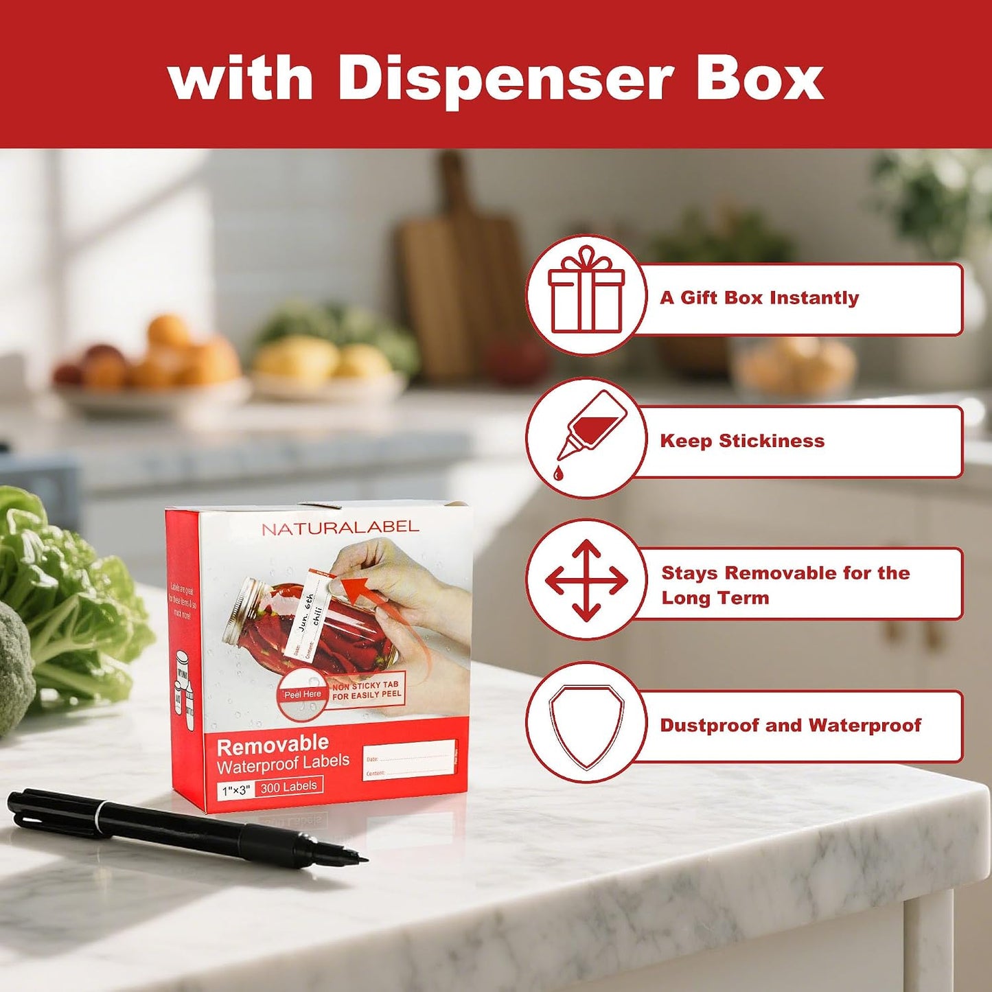 Removable Freezer Labels with Dispenser, 1" x 3", 1 Box (Red) | Writable, remove no residue, waterproof & oilproof, easy peel-off design, 300 labels per box, for meal prep containers