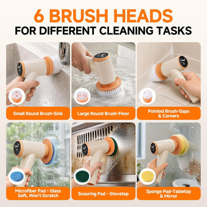 Electric Spin Scrubber,Cordless Shower Scrubber,Dual Speed | 6 Replaceable Brush Heads,Large Capacity Battery,4 Section Adjustable Handle,Cleaning Brush for Bathroom Shower Bathtub
