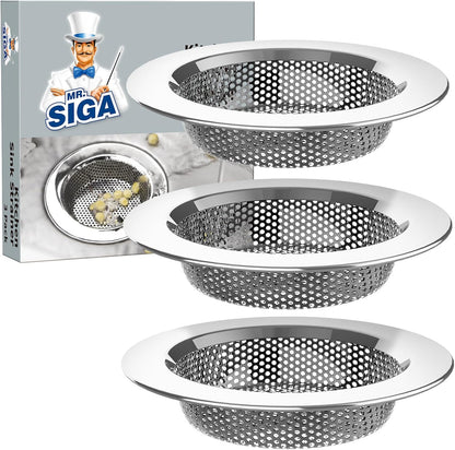 MR.SIGA Kitchen Sink Strainer, Stainless Steel Sink Drain Strainer, 3 Pack | Dishwasher safe sink strainer, outer diameter 4.4 inch/11.2cm, inner diameter 3 inch/7.6cm