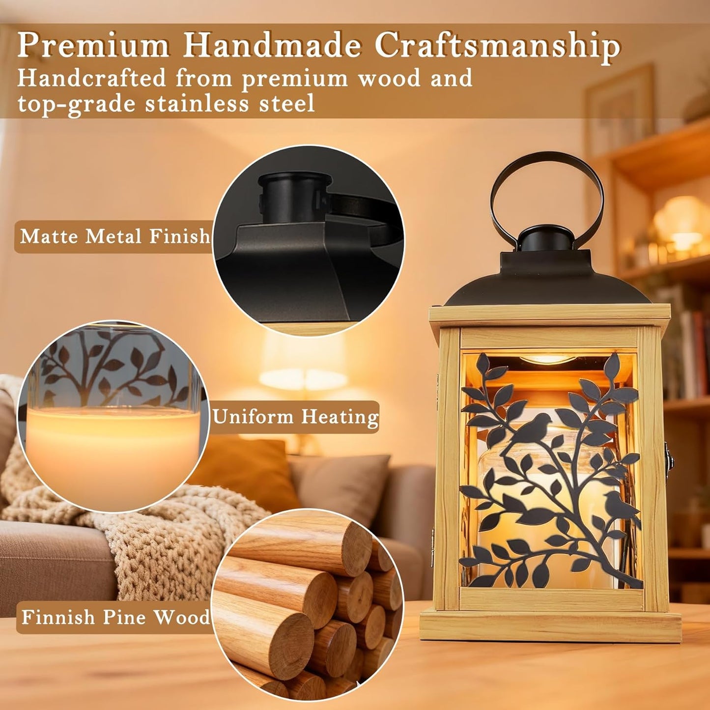 Candle Warmer Lamp Wood with Timer & Dimmer, Enclosed Flameless Top Down Candle Warmer, Farmhouse Lantern Candle Warmer for Jar Candles, Housewarming Home Decor Gift for Men & Women
