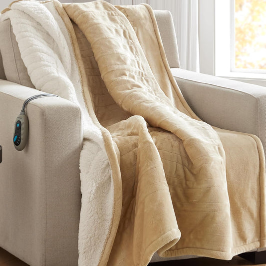 Beautyrest Reversible Heated Throw - Plush Sherpa Heating Blanket, Grey | Dual-Sided Electric Throw Blanket With 3 Heat Settings & 2 Hr Auto Shut Off , Oeko-Tex Certified & Machine Washable