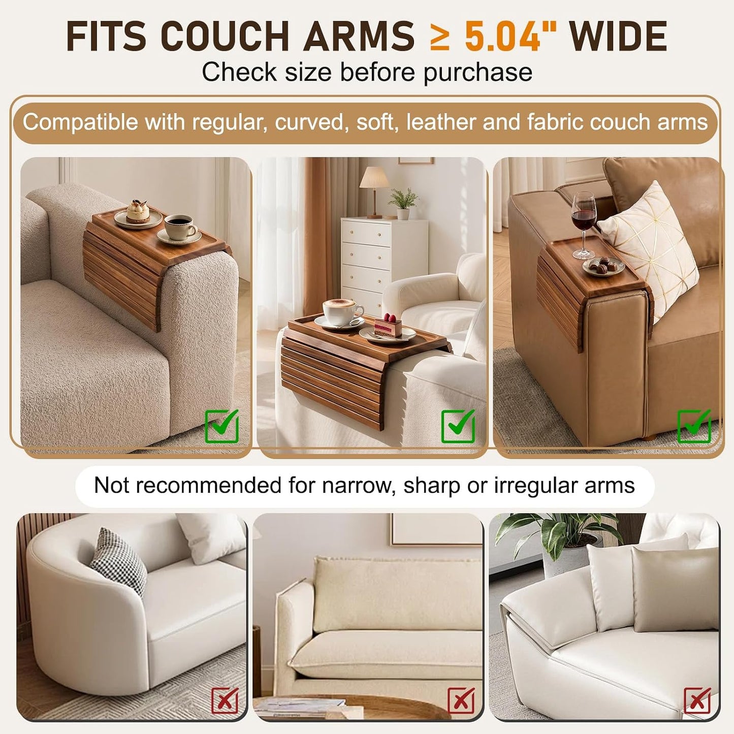 Acacia Wood Couch Armrest Table, Couch Arm Tray, Foldable Anti-Slip Wood Couch Tray, Sofa Cup Holder for Drink Snacks Remote Control