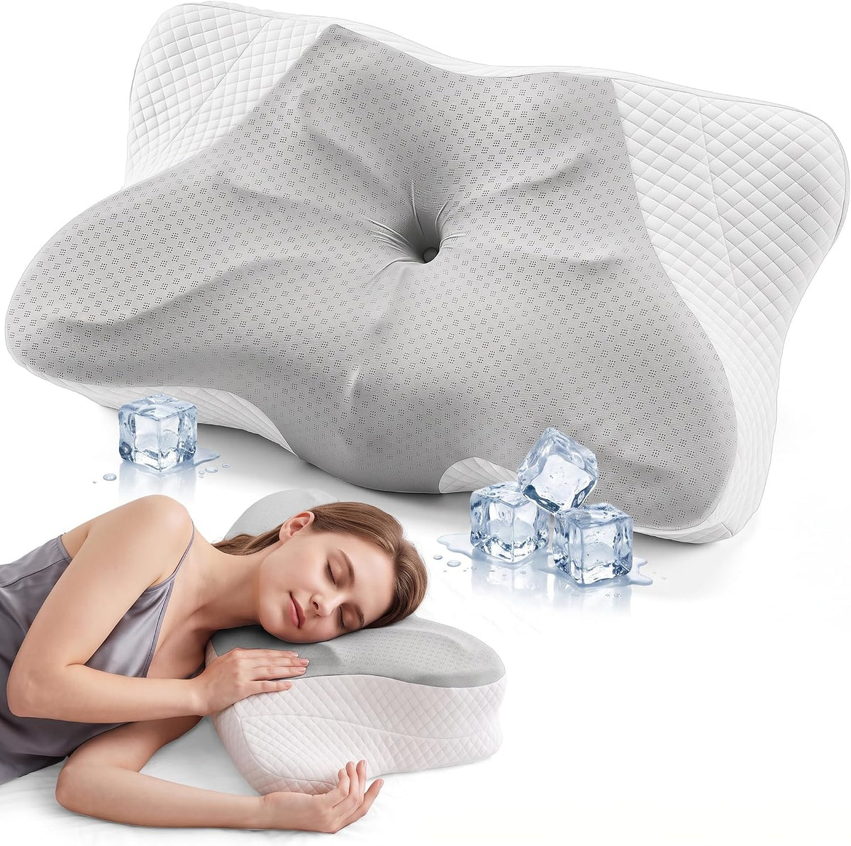 Sweetcrispy Cervical Pillow for Neck and Shoulder - Ergonomic Memory Foam Pillows, Contour Side Sleeper for Adults, Cooling Orthopedic Neck Support for Back Stomach Sleepers, White
