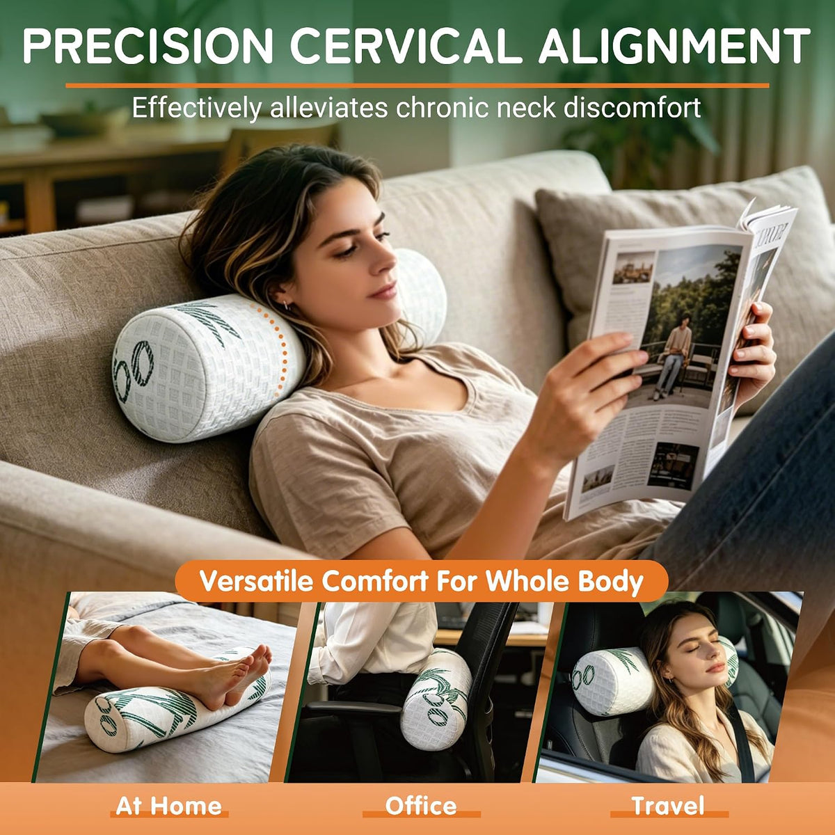 Asatdd Neck Roll Pillow, 2 Pack Foam Cervical Roll Pillow with Breathable Cover for Office Chair, Recliner Rest, and Home and Travel Use, 4" x 17"
