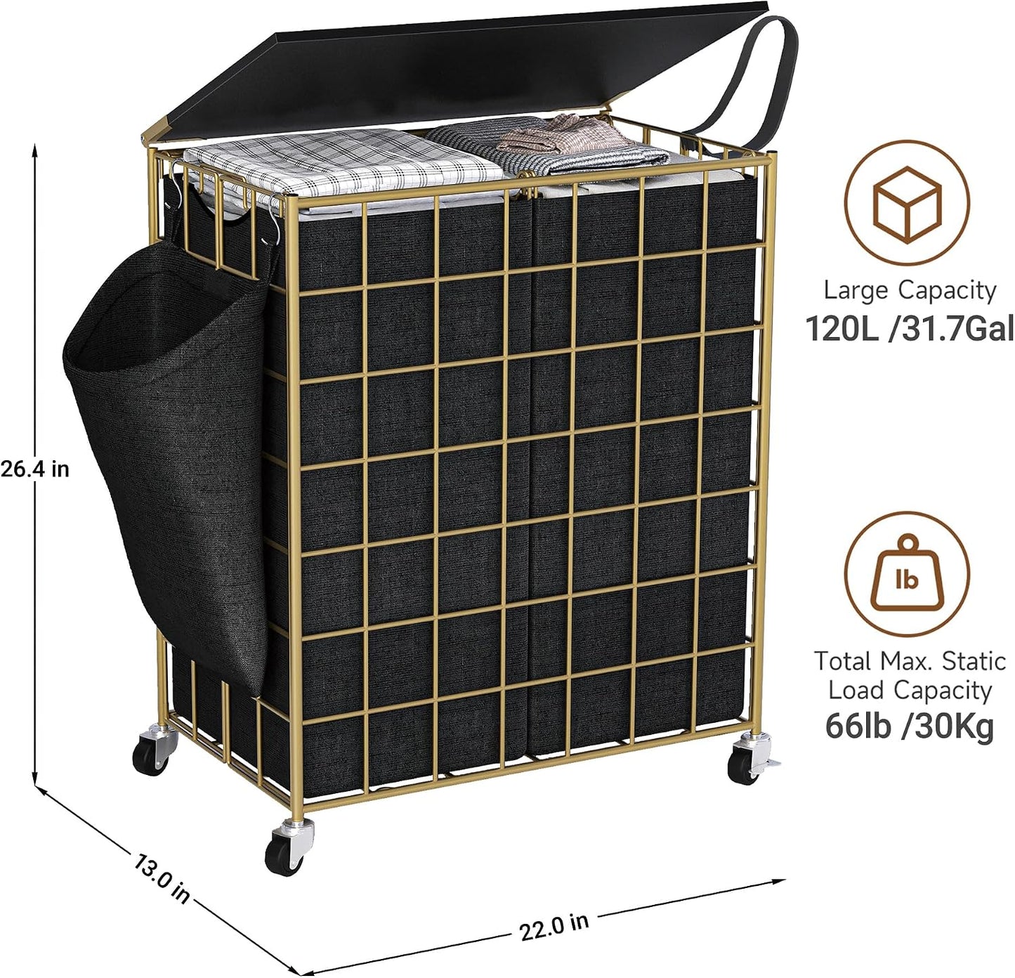 90L Laundry Basket with Wheels, Large Capacity Laundry Hamper with Removable Liner Bags, Heavy Duty Laundry Sorter with Solid Wood Lid & Leather Handles, Grey