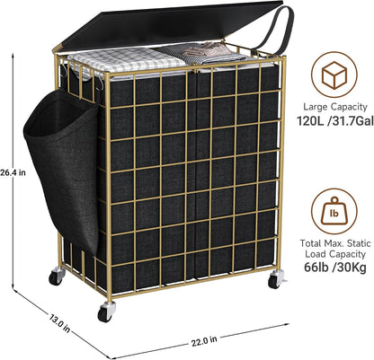90L Laundry Basket with Wheels, Large Capacity Laundry Hamper with Removable Liner Bags, Heavy Duty Laundry Sorter with Solid Wood Lid & Leather Handles, Grey