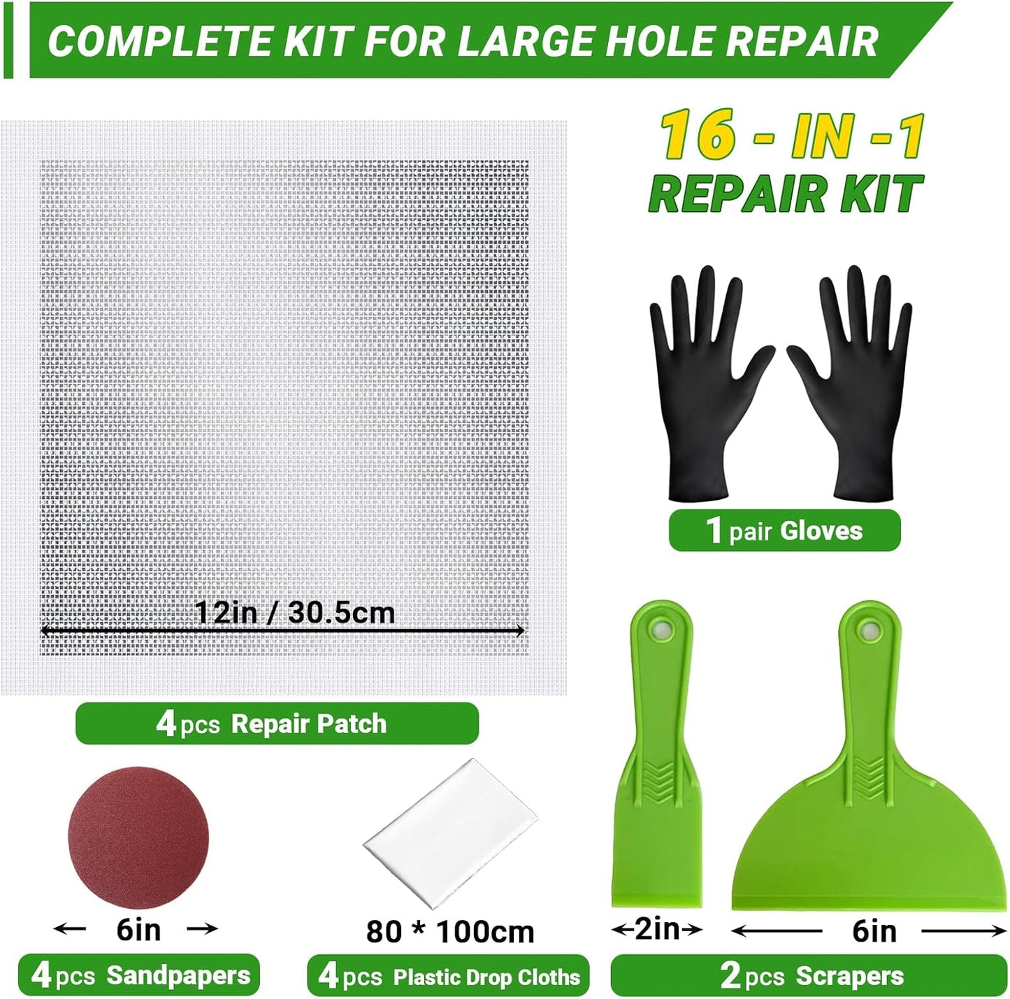 12 x 12 Inch Drywall Repair Kit – 4 Pcs Large Drywall Patch for Wall & Ceiling Holes, Heavy-Duty Aluminum Self-Adhesive Mesh, Includes Plastic Drop Cloths, Scrapers, Sandpaper & Gloves - Quick Fix