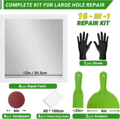 12 x 12 Inch Drywall Repair Kit – 4 Pcs Large Drywall Patch for Wall & Ceiling Holes, Heavy-Duty Aluminum Self-Adhesive Mesh, Includes Plastic Drop Cloths, Scrapers, Sandpaper & Gloves - Quick Fix