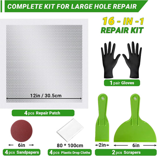 12 x 12 Inch Drywall Repair Kit – 4 Pcs Large Drywall Patch for Wall & Ceiling Holes, Heavy-Duty Aluminum Self-Adhesive Mesh, Includes Plastic Drop Cloths, Scrapers, Sandpaper & Gloves - Quick Fix