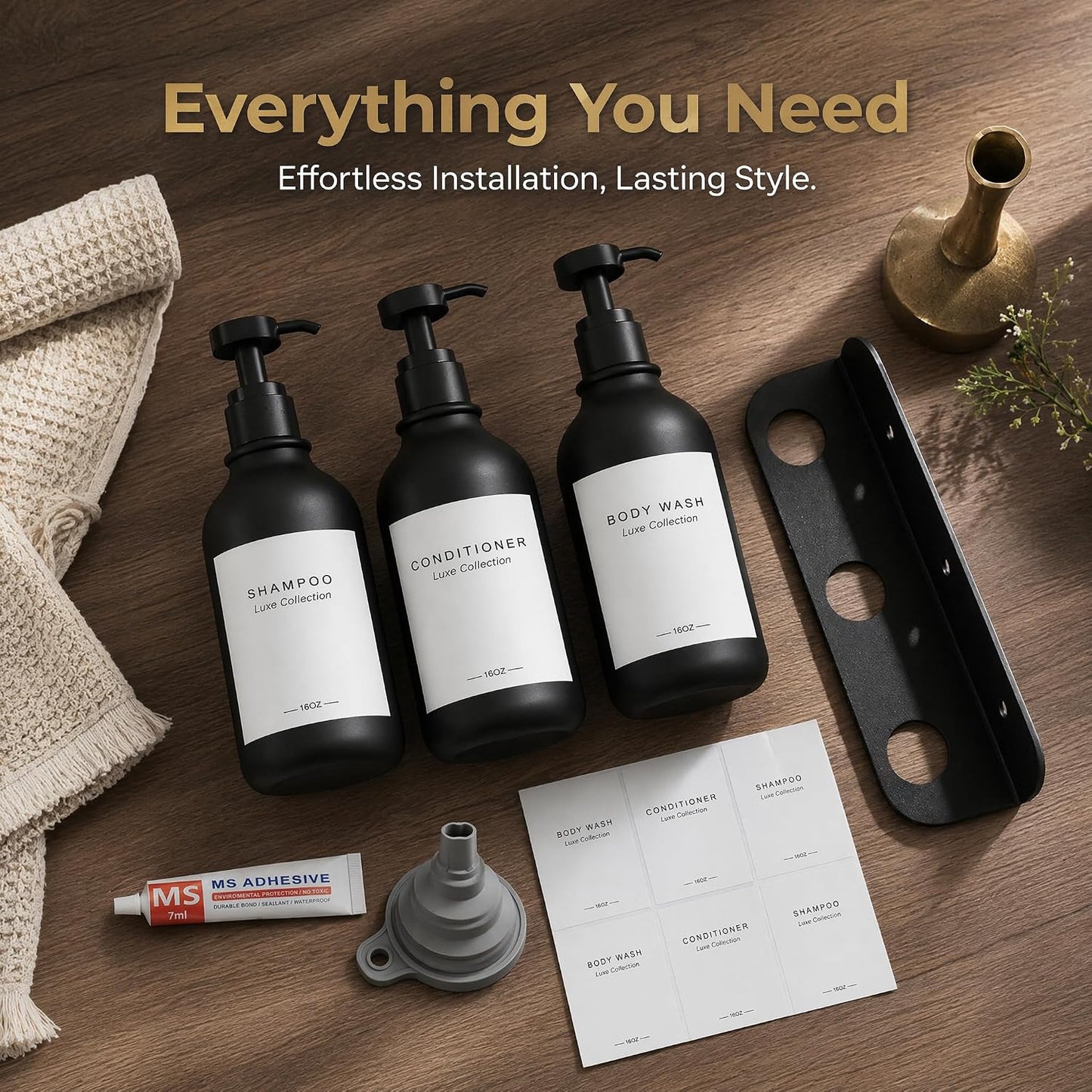 Refillable Shampoo and Conditioner Shower Dispenser Set of 3 - Wall Mounted | 3 Chamber Dispensers for Bathroom. No Drill Pump with Bottles for Soap and Body Wash. Matte Black Bottle with Labels (16oz)