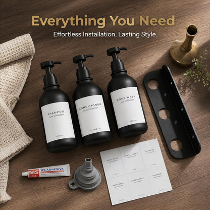 Refillable Shampoo and Conditioner Shower Dispenser Set of 3 - Wall Mounted | 3 Chamber Dispensers for Bathroom. No Drill Pump with Bottles for Soap and Body Wash. Matte Black Bottle with Labels (16oz)
