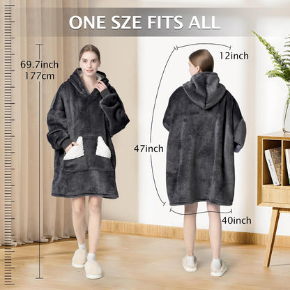 Wearable Blanket Hoodie, Oversized Sherpa Fleece Sweatshirt Blanket with Giant Hood Pocket and Sleeves for Adult, Warm & Cozy Grey Blanket Gifts for Women