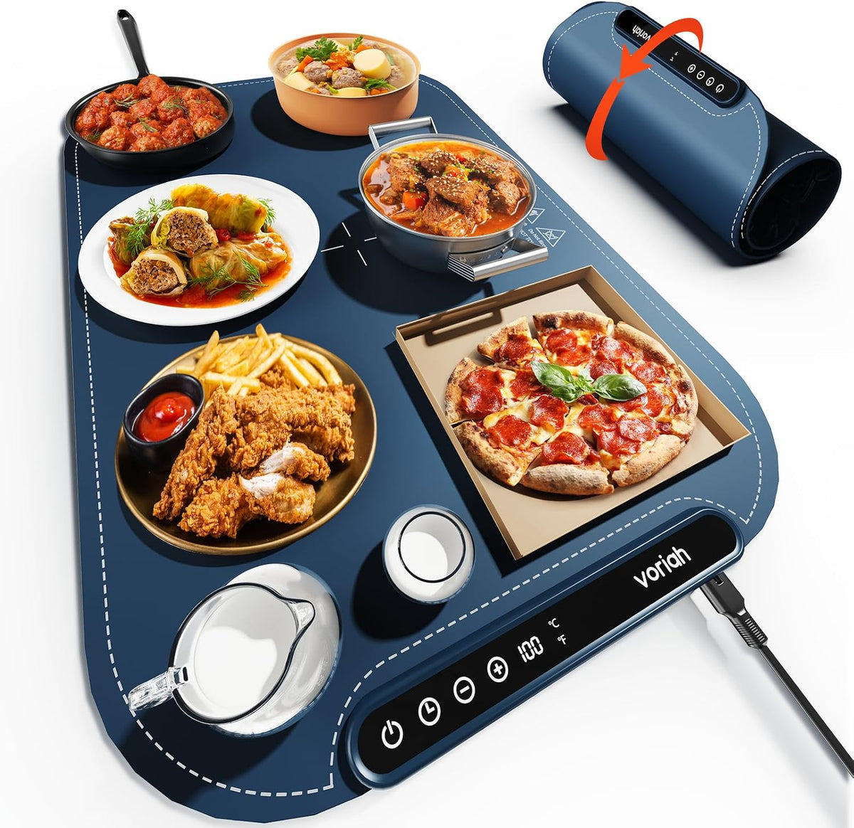 Warming Mat for Food, Voriah Electric Warming Tray with 3 Temp Settings & Auto Shut-Off, Food Warmer with Thick Silicone Surface to Keep Food Warm at Buffet, Parties, and Family Use（Dark Blue）
