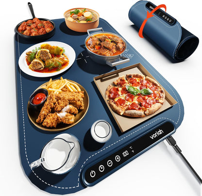 Warming Mat for Food, Voriah Electric Warming Tray with 3 Temp Settings & Auto Shut-Off, Food Warmer with Thick Silicone Surface to Keep Food Warm at Buffet, Parties, and Family Use（Dark Blue）