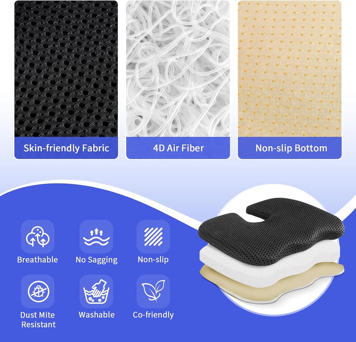 Gooo&Ma Air Fiber Seat Cushion, U-Shape Tailbone Comfort, Black | Thin design for office/car, breathable air fiber cooling, ergonomic, washable, non-slip, portable, 17.7"x13.8"x1.6"
