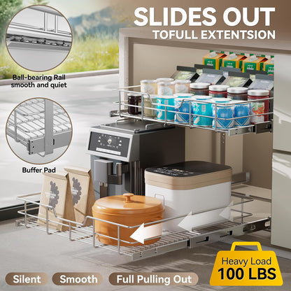 Pull Out Cabinet Organizer 15" W X 22" D, Chromed, Full Slide Out Drawers | For Kitchen Organizers and Storage, Pull Out Drawers For Cabinets Capacity Heavy Duty Caddy, Cabinet Shelves, Bathroom Pantry