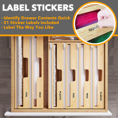 SpaceAid WrapNeat 2 in 1 Wrap Organizer with Cutter and Labels, Plastic Wrap, Aluminum Foil and Wax Bamboo Dispenser for Kitchen Storage Organization Holder for 12" Roll (Natural, 2-Slot)