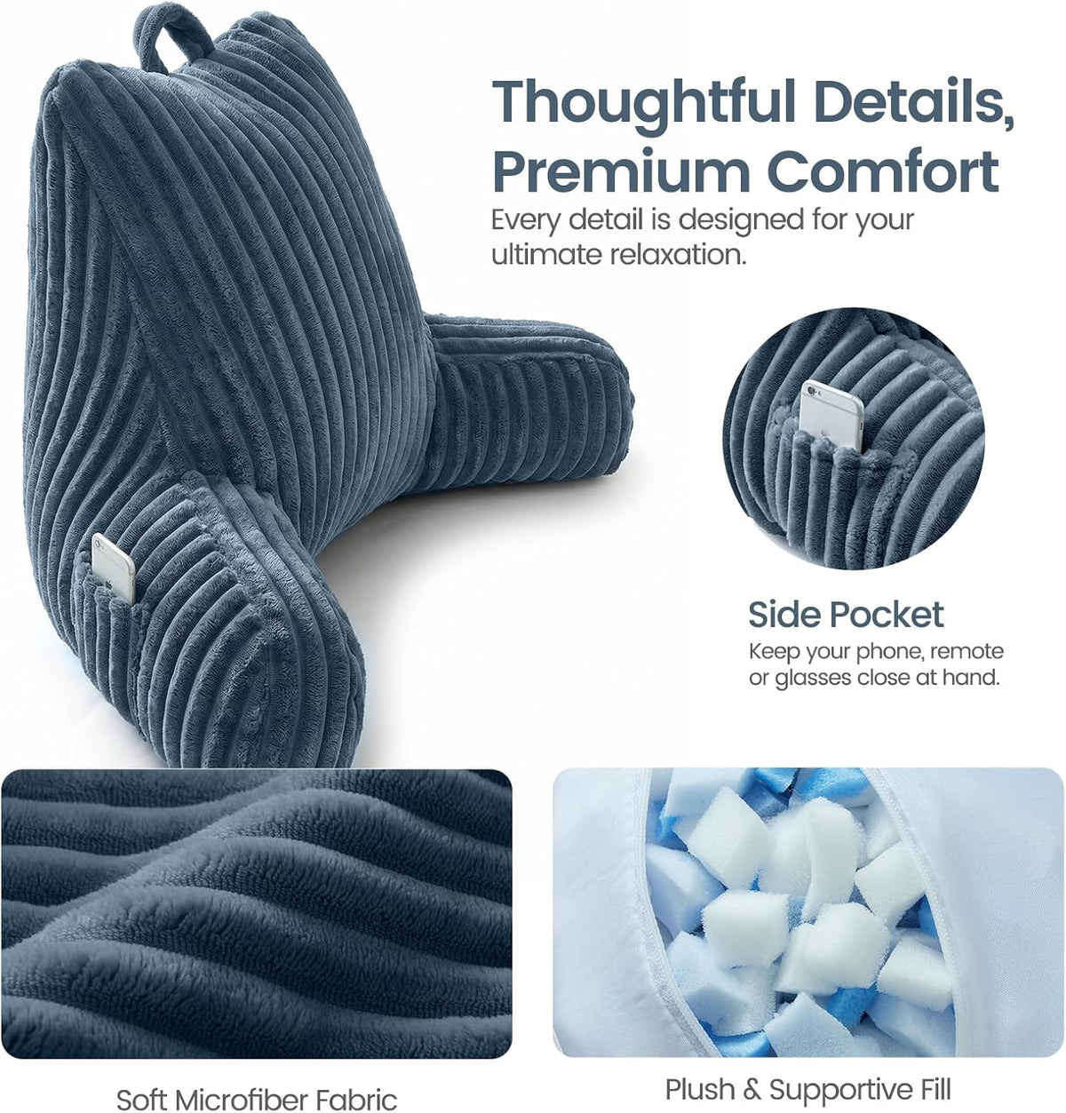 Reading Pillow for Sitting up in Bed, Adjustable Memory Foam Bed Rest Pillow, Wide-wale Plush Cover Machine Washable, Neck Back and Lumbar Support Pillow-Grey