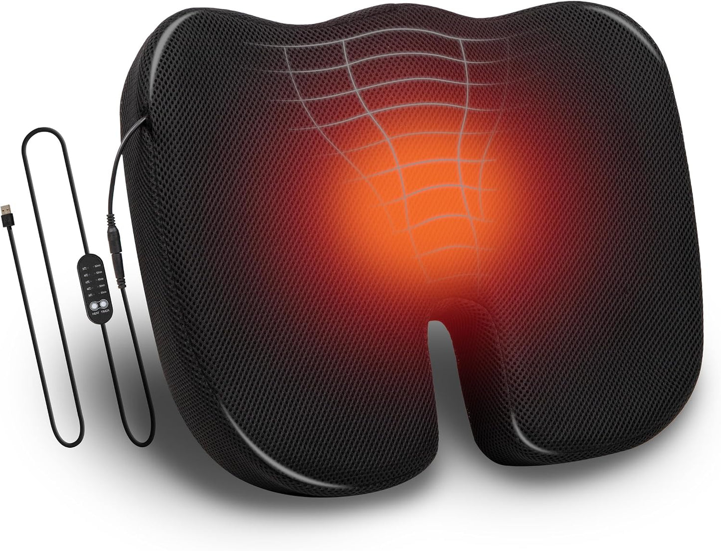 Mind Reader Heated Memory Foam Seat Cushion with Air-Cloud Support, Slim Ergonomic Cushion with 4 Heat Settings Timer and Auto Shut-Off, Black