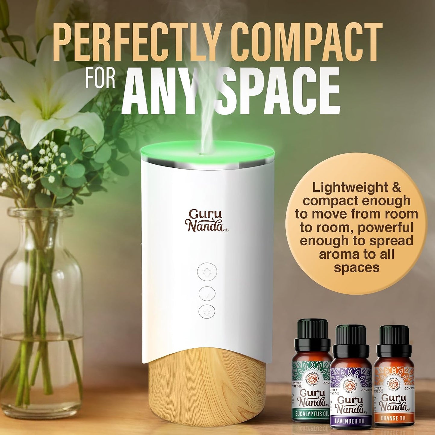 GuruNanda Calm Aura Essential Oil Diffuser, Sleek Modern Corded Electric Aromatherapy Diffuser with Turbo & Mist Modes, Auto Shut-Off Safety, Covers 250 Sq Ft, White, 100 ml
