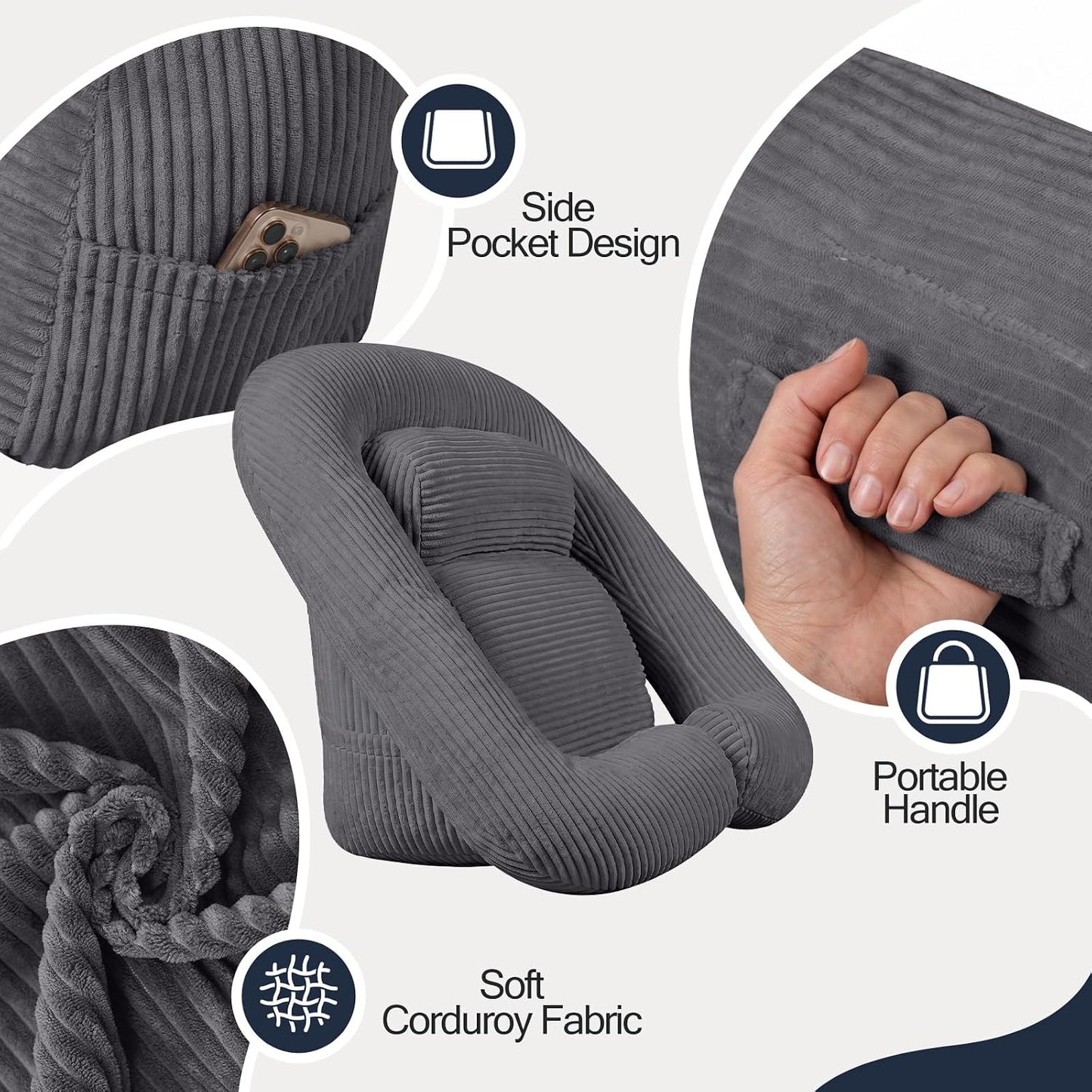 Reading Pillow for Bed, Backrest Pillow with Arms for Adult | Bed Pillow for Sitting Up, Back Support Pillows for Sleeping, Reading and Gaming with Shredded Memory Foam, Gray