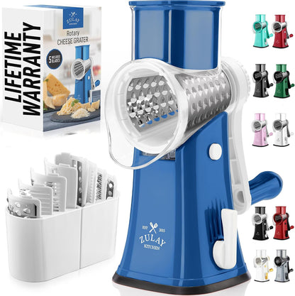 Zulay Kitchen Rotary Cheese Grater 5 Blade Cheese Shredder - Manual Hand Crank Cheese Grater With Reinforced Suction & 5 Interchangeable Drums - Easy to Use, Vegetable Chopper Round Mandoline Slicer - Colors A