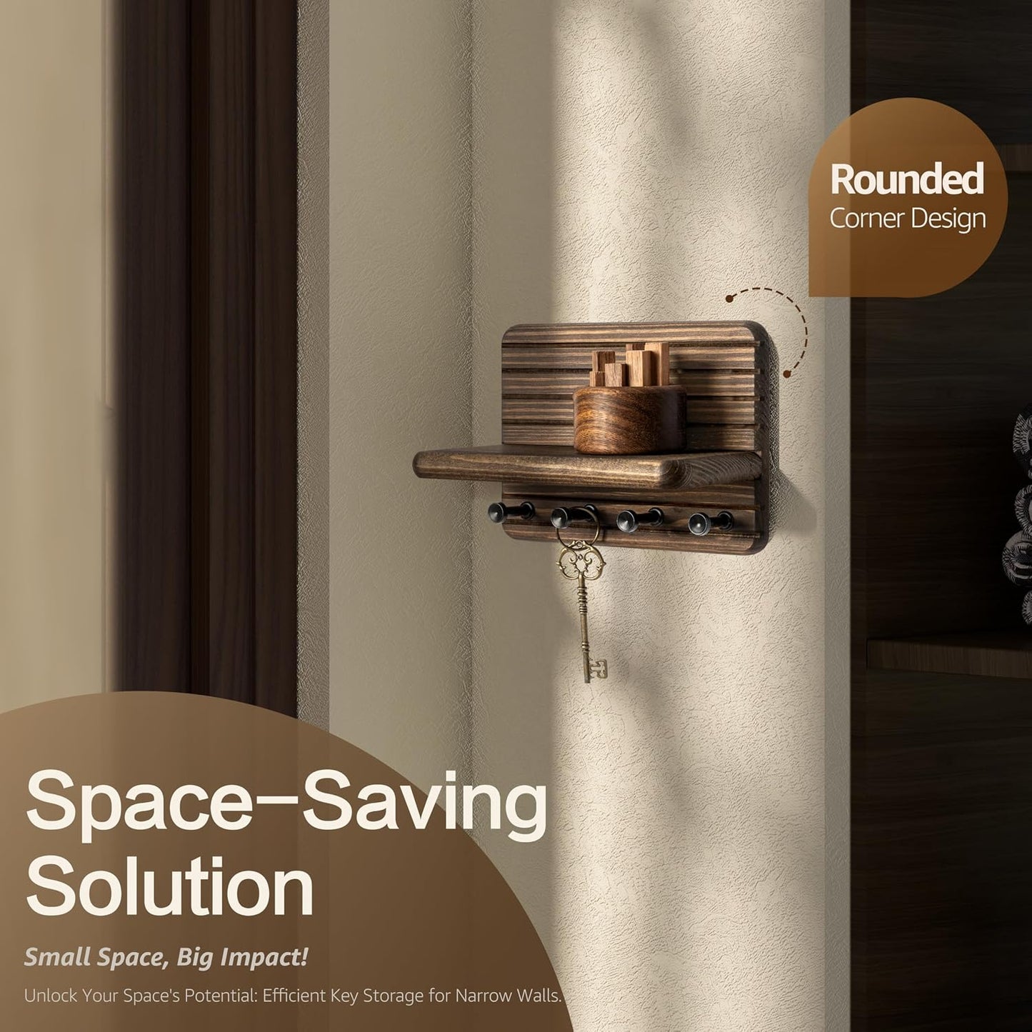 Rebee Vision Pine Wood Key Holder Wall Mount with Shelf for Entryway, Brown | 6 Key Hooks, Round Corner, Smooth&Hand-Friendly, Clear Wood Texture, Space-Saving Design, Organize Mail & Letter