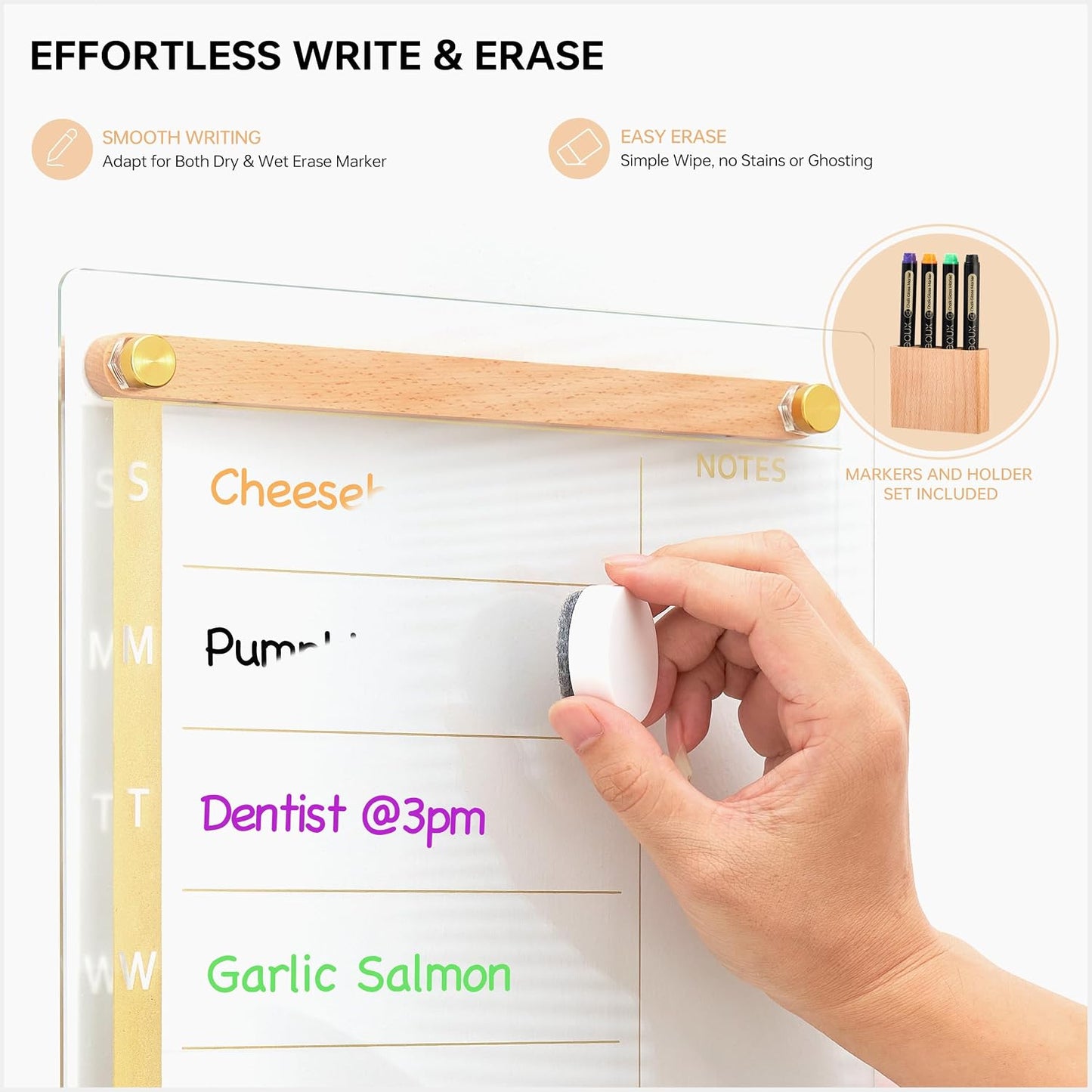 Yeoux Clear Glass Golden Weekly & Menu Dry Erase Calendar Board 15“x11 | Wall Mount, Non-Magnetic, Meal Planning & Grocery Shopping List Whiteboard for Kitchen & Home, 4 Markers