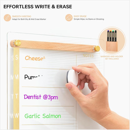 Yeoux Clear Glass Golden Weekly & Menu Dry Erase Calendar Board 15“x11 | Wall Mount, Non-Magnetic, Meal Planning & Grocery Shopping List Whiteboard for Kitchen & Home, 4 Markers