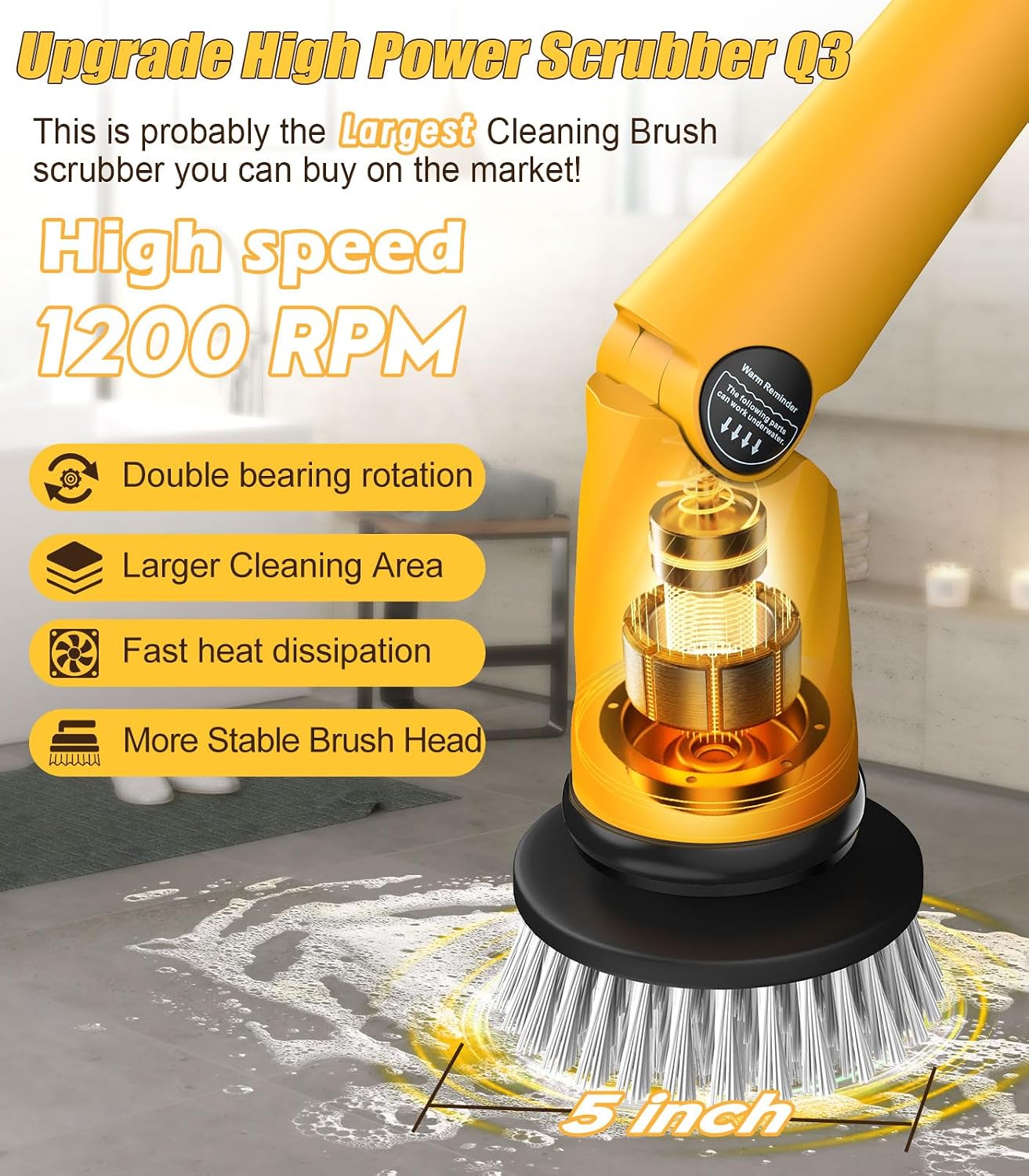 Qimedo Electric Spin Scrubber Q3, 6000mAh, Extra-Large Brush Head, 1200RPM | Floor Scrubber Machine with Long Handle, Cordless Cleaning Brush, 8 Brush Heads and Smart Display for Showers, Tubs and Tile