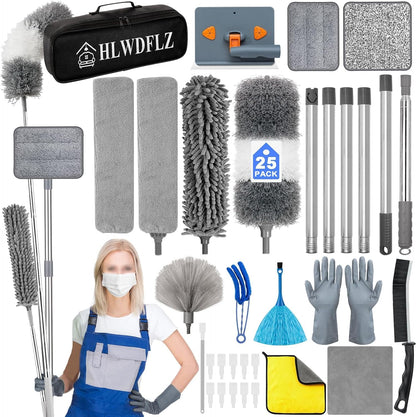 Microfiber Duster Kit 27pcs with 30 to 100 Inches Extension Pole and Wall Cleaner Mop, Washable and Bendable Feather Duster for Cleaning Ceiling Fans, High Ceilings, Cobwebs, Blinds, Grey