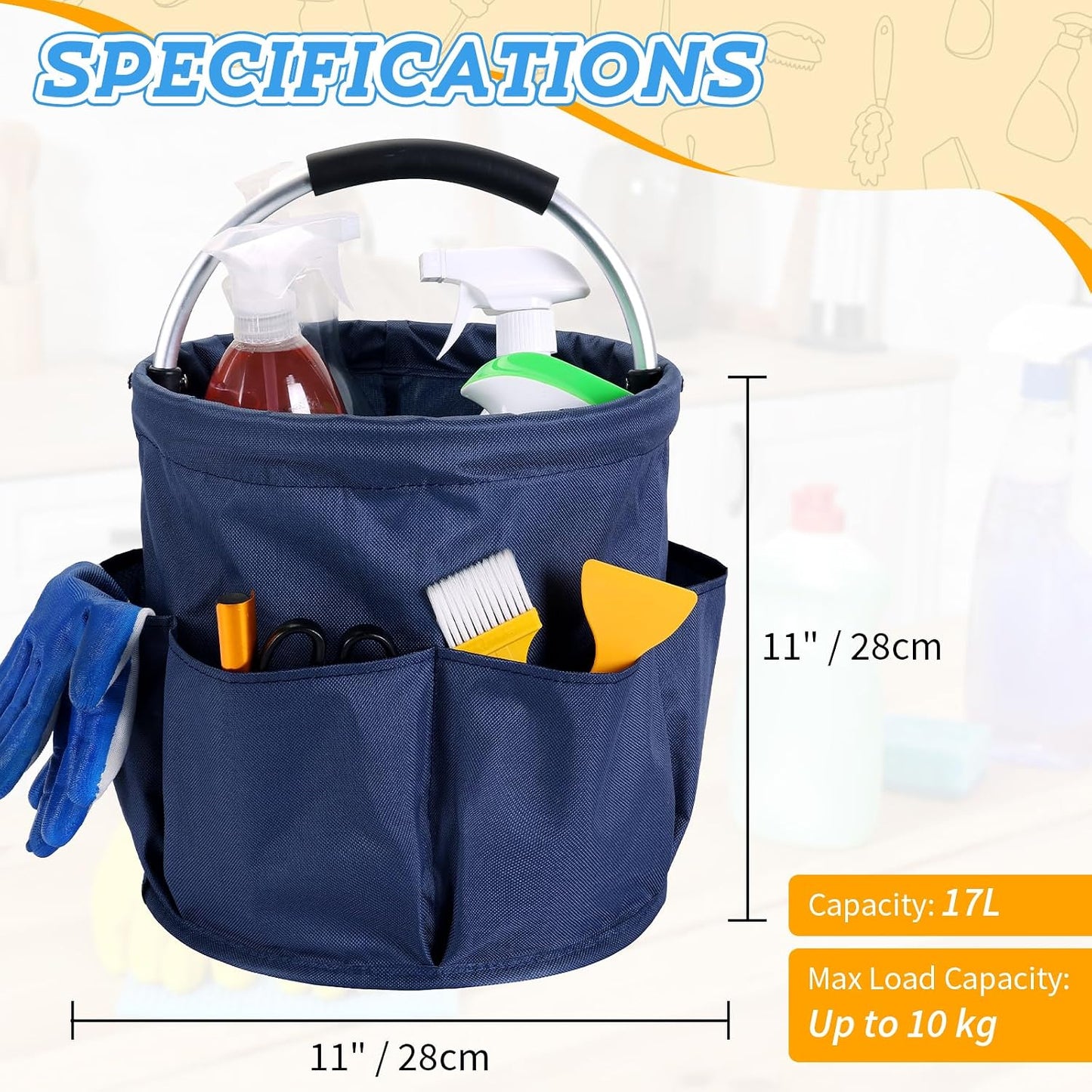 17L Cleaning Caddy with Handle & 6 Pockets, Foldable Cleaning Supply | Portable Shower Caddy, 600D Oxford Fabric Storage Basket for Home, Camping, Gardening, Bathroom
