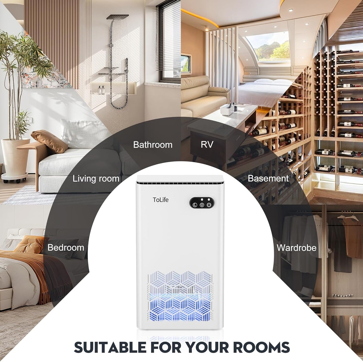 ToLife Dehumidifier for Home, 1000 sq.ft Dehumidifiers for Bedroom Bathroom Basement with 95 OZ Water Tank, Auto Shut Off 7 Colors LED Light, White Black