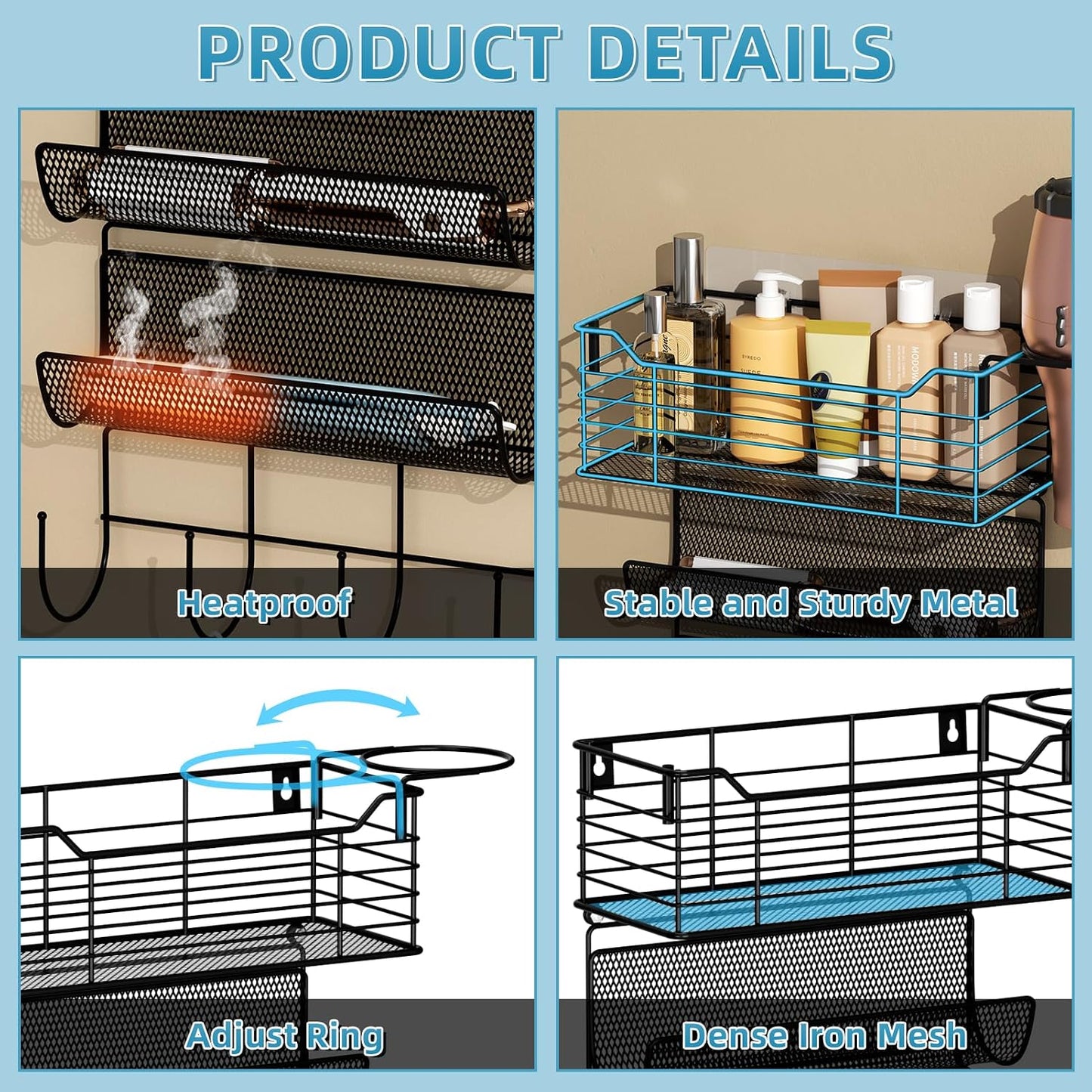 3 Tier Hair Tool Organizer Wall Mount, curling iron holder Basket, Black | Metal Mesh, Hair Dryer Holder, Bathroom Hair Styling Tool Organizer, Blow Dryer Holder, Hair Straightener Organizer